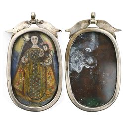 Large, ornate, silver reliquary pendant with painted virgin and child, Spanish colonial, late 1700s 