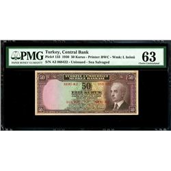 Turkey, 50 kurus, 1930, series A2, serial 068422, PMG Choice UNC 63 / SS City of Roubaix (1941).