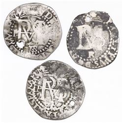 Lot of three Potosi, Bolivia, cob 1/2R, Philip II, assayer B (1st, 2nd and 3rd periods).
