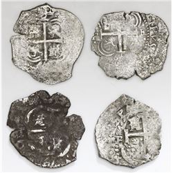 Lot of four Potosi, Bolivia, cob 2 reales, all salvaged: 1661( E), 1665E, 1703Y and 1707(?)Y.