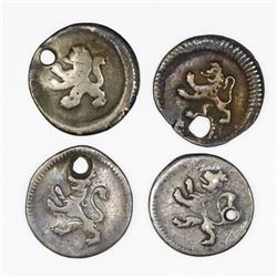 Lot of four Bogota, Colombia, 1/4R, anepigraphic issue, Charles III or IV, no dates or mintmarks or