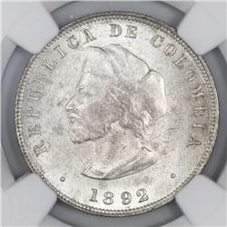 Bogota, Colombia, 50 centavos, 1892, Columbus, large bust (cap points to left of A), NGC MS 62.