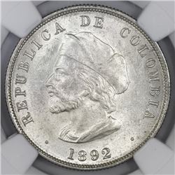 Lot of two Bogota, Colombia, 50 centavos, 1892, Columbus, both varieties (small and large bust), NGC