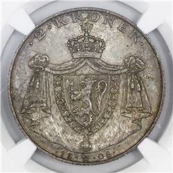 Norway, 2 kroner, 1906, Haakon VII, Norway independence, NGC MS 63.