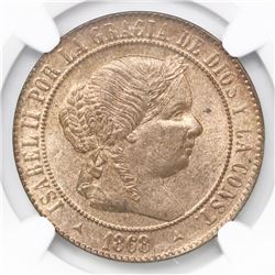 Segovia, Spain, bronze 5 centimos, 1868-OM, NGC MS 64 RB, finest known in NGC census.