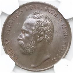 Sweden, bronze 5 ore, Carl XV Adolf, 1872/66, NGC MS 64 Brown, finest and only example in the NGC ce