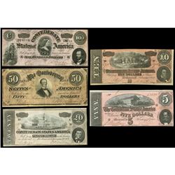 Lot of five Confederate States notes of Fed. 17, 1864: $100, series H, plate D-D, serial 4210; $50,