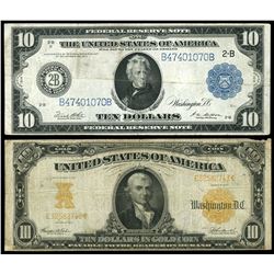 Lot of two USA $10: gold certificate, series of 1907, Teehee-Burke, serial E32582743; Federal Reserv