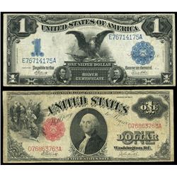 Lot of two USA $1: silver certificate, series of 1899, Elliott-White, serial E76714175A; legal tende