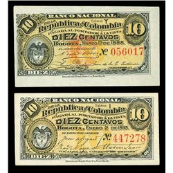 Lot of two Bogota, Colombia, Banco Nacional, 10 centavos: 1-3-1888, series Y, serial 056017; 2-1-189