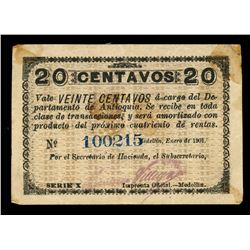 Medellin, Colombia, Departamento de Antioquia, 20 centavos, 1901, series X, serial 100215.