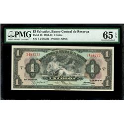El Salvador, Banco Central de Reserva, 1 colon, 14-1-1943, series E, serial 2487222, PMG Gem UNC 65