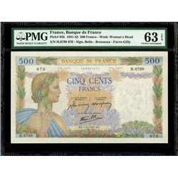 France (Paris), Banque de France, 500 francs, 1-10-1942, serial H.6799 670, PMG Choice UNC 63 EPQ.