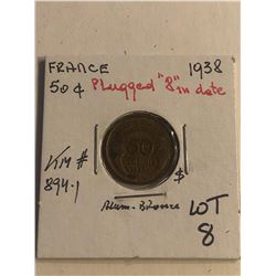 ERROR 1938 France 50 Centimes PLUGGED 8 in Date KM 894.1