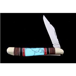 Navajo Turquoise & Coral Inlaid Buffalo Knife