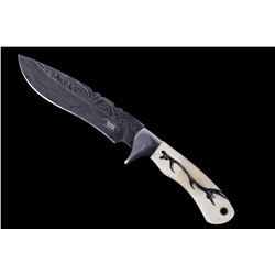 M.T. Knives Elk Antler Scrimshaw Damascus Knife