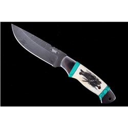M.T. Knives Damascus & Turquoise Wolf Etched Knife