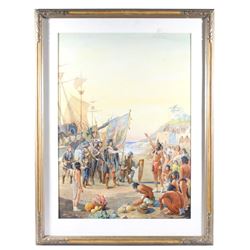 Signed Louis Leo Landing of Columbus Watercolor