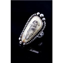 Navajo Signed Scrimshaw Agate & Sterling Ring