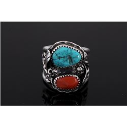 Navajo Native American Turquoise & Coral Ring