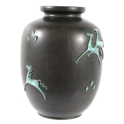 Initialed Black and Teal Pottery Horse Jar