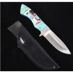 Mexican Turquoise & Inlay Handle Knife With Sheath
