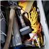 Image 3 : TOTE OF EXTENSION CORD, CARPET TOOL, AND TOOLS