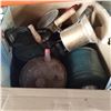 Image 1 : BOX OF GAS TANKS, TORCH, AND CAMPING STOVE