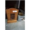 Image 1 : WOOD WINE RACK, GALVANIZED TUB, BRASS PLATTER, AND WOOD FIRE BOX