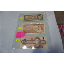 LAST 3 ISSUES OF CANADIAN 2 DOLLAR BILLS 1954,74,86