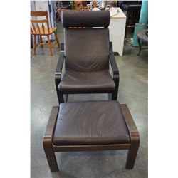 BROWN LEATHER BENTWOOD IKEA CHAIR W/ FOOT STOOL