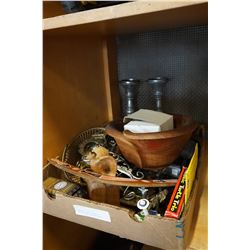 TRAY OF COLLECTIBLES, BOOMERANG, BRASS TEAPOT, CANDLE STICKS, WOODEN BOWL