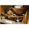 Image 2 : TRAY OF COLLECTIBLES, BOOMERANG, BRASS TEAPOT, CANDLE STICKS, WOODEN BOWL