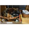Image 3 : TRAY OF COLLECTIBLES, BOOMERANG, BRASS TEAPOT, CANDLE STICKS, WOODEN BOWL