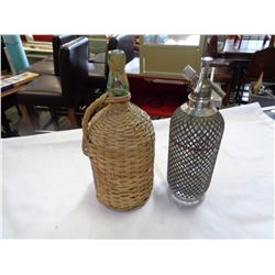 METAL WRAP ANTIQUE SELTZER BOTTLE AND WICKER WRAPPED BACARDI LIQUOR BOTTLE