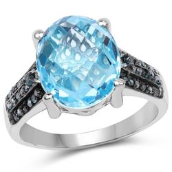 5.51 Carat Genuine Baby Swiss Blue Topaz and Blue Diamond .925 Sterling Silver Ring