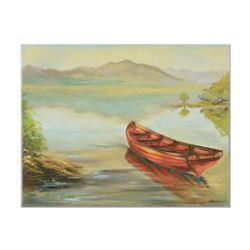 Kimiko Okerson, "Red Boat" Original Oil Painting on Canvas, Hand Signed with Certificate of Authenti