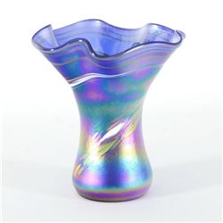 Glass Eye Studios,  Mini Ruffle Vase (Blue Rainbow Twist)  Hand Blown Glass Sculpture (Second).