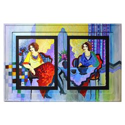 Patricia Govezensky- Original Watercolors with Hand Painted Frame  Sisters at Breakfast 