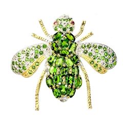 Natural Ruby & Oval Green Chrome Diopside Bee Brooch