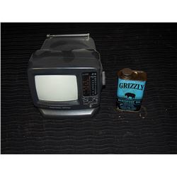 Small Portable TV & Grizzly Neatsfoot Oil Tin