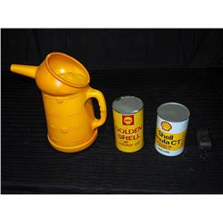 (2) Shell Tins (Rimula with Contents) & Plastic Shell Oil Pourer