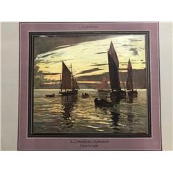 Lovely Early 20thc French Chromolith Print, Sailing Vessels & Sunset
