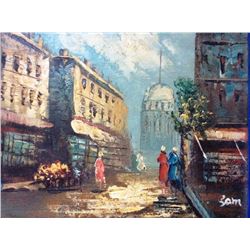 Street Scene , Vintage Oil On Canvas Board, Signed,