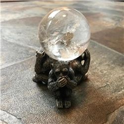Quartz Crystal Gazing Sphere Ball, Speak, See, Hear No Evil Monkey Pewter Stand