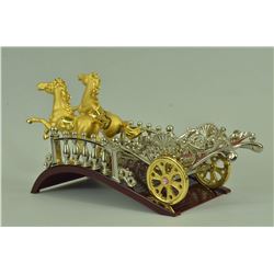 Gold & Silver Plated Horse Chariot Wine Holder Metal Sculpture 5.5" x 11"