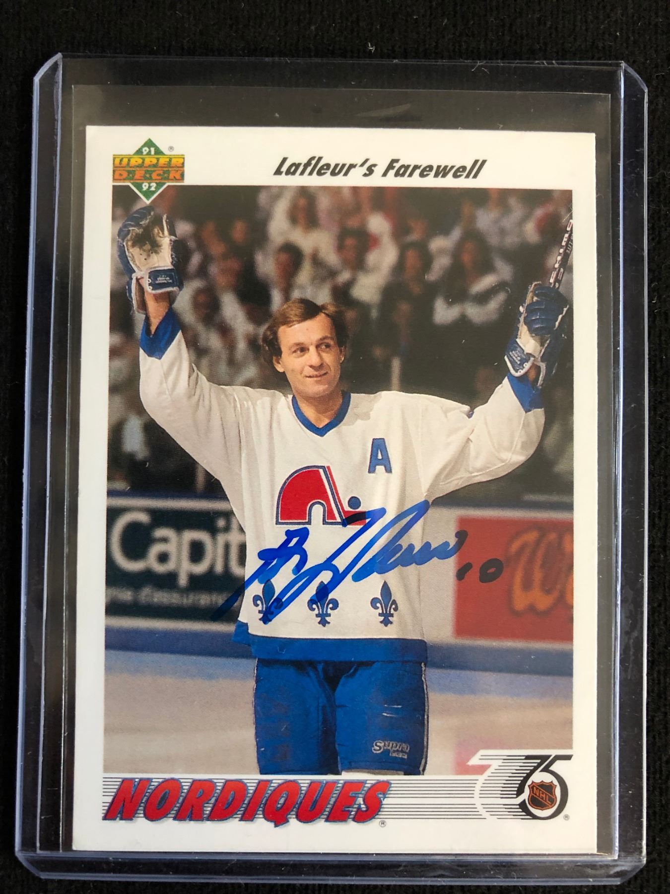 guy lafleur signed 1991-92 upper deck hockey card (lafleur's farewell)