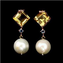 Natural 10 MM Citrine Pearl & Topaz Earrings