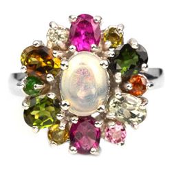 NATURAL WHITE OPAL & MULTI COLOR TOURMALINE Ring