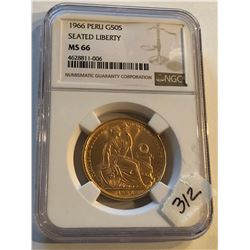 Extremely Rare 1966 Peru GOLD 50 Soles MS66 Certified NGC